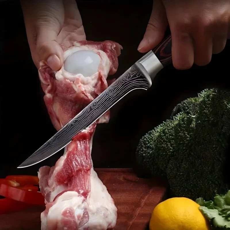 Cuchillo de cocina para deshuesar con patrón láser de Damasco, cuchillo de carnicero de acero inoxidable, hueso, carne, pescado, fruta, verduras, cuchillo de Chef con cubierta