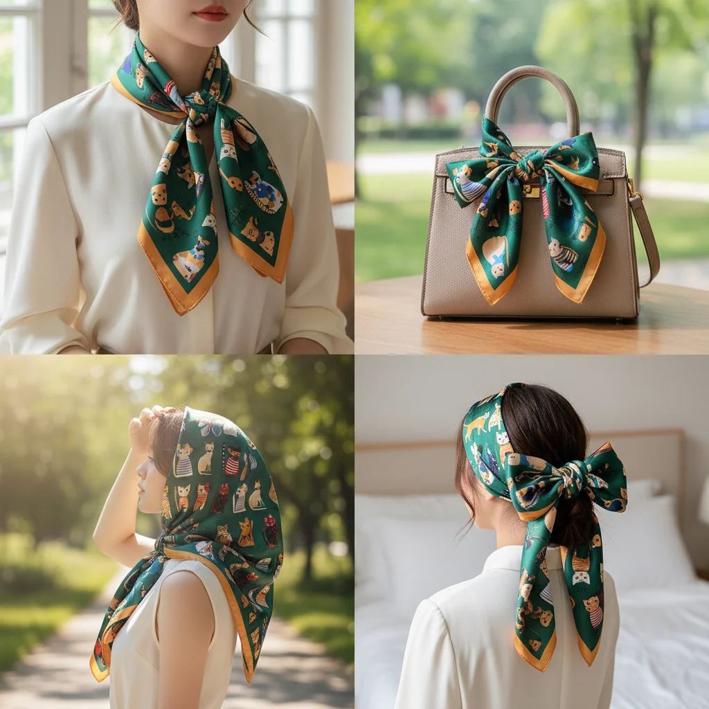 100% Mulberry Silk Square Scarf Cartoon Cat Print Cute Colorful Cat Pattern Luxury Silk Neck/Head Wrap Perfect Gift for CatLover