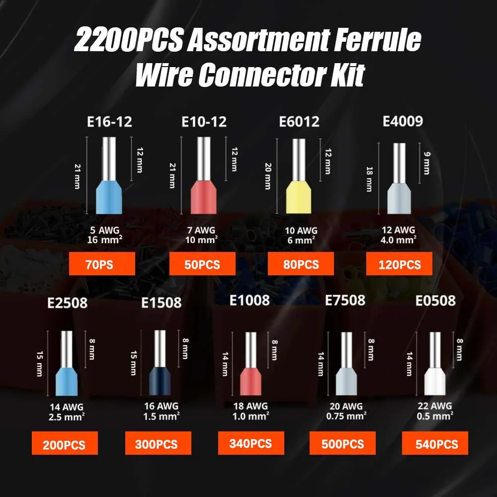 Ferrule Crimping Tool kit AWG30-5 Self-Adjusting Wire Ferrule Crimper Set 2200PCS Wire End Terminals