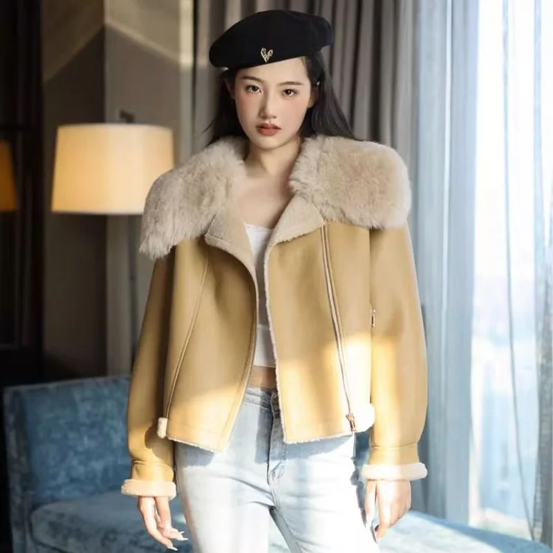 Autumn 2023 Winter New Fur One Jacket Women\'s Short Motorcycle Lapel Lamb Fur Coat Fashion Loose Warm Leather Jacket Outwear