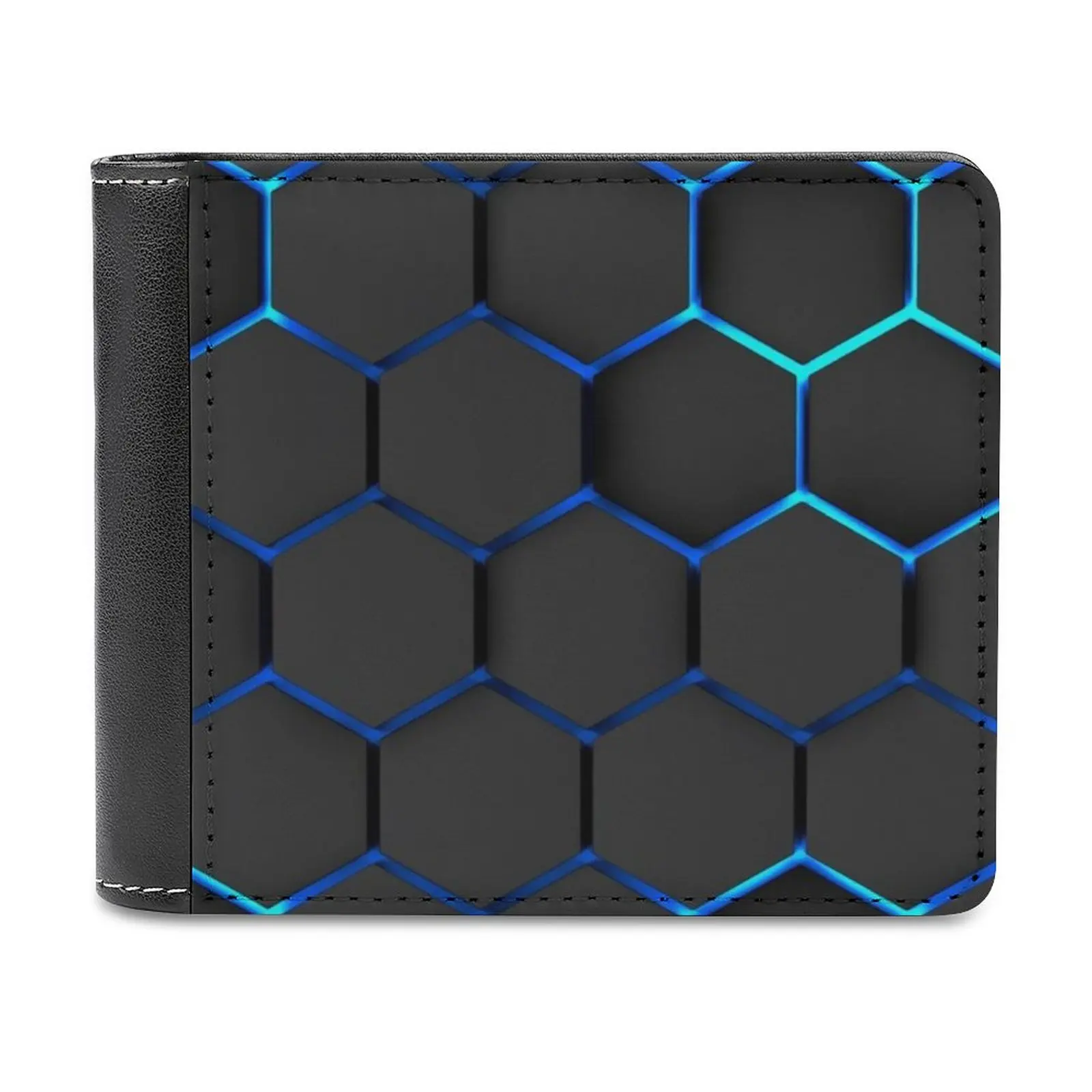 

Futuristic Modern Design Technology Black Hexagons With Blue Men's Wallet Pattern Leather Men's Short Wallet Multi-Card Wallet