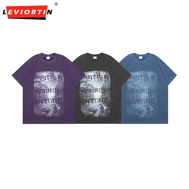 

Men Streetwear T Shirt Retro Painting Letter Graphic Casual T-Shirt 2023 Harajuku Hip Hop Tshirt Cotton Tops Tees Unisex Purple
