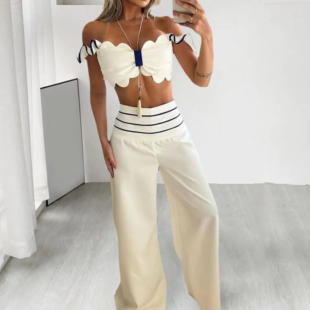 Sleeveless Crop Top Set Stylish Women's Crop Top Pants Set with Ruffle Detail High Waist Wide Leg Trousers Soft for Commuting