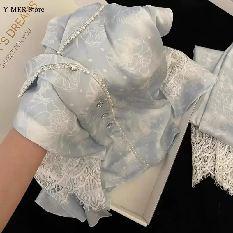 طقم بيجامة نسائية ازرق دانتيل كم طويل