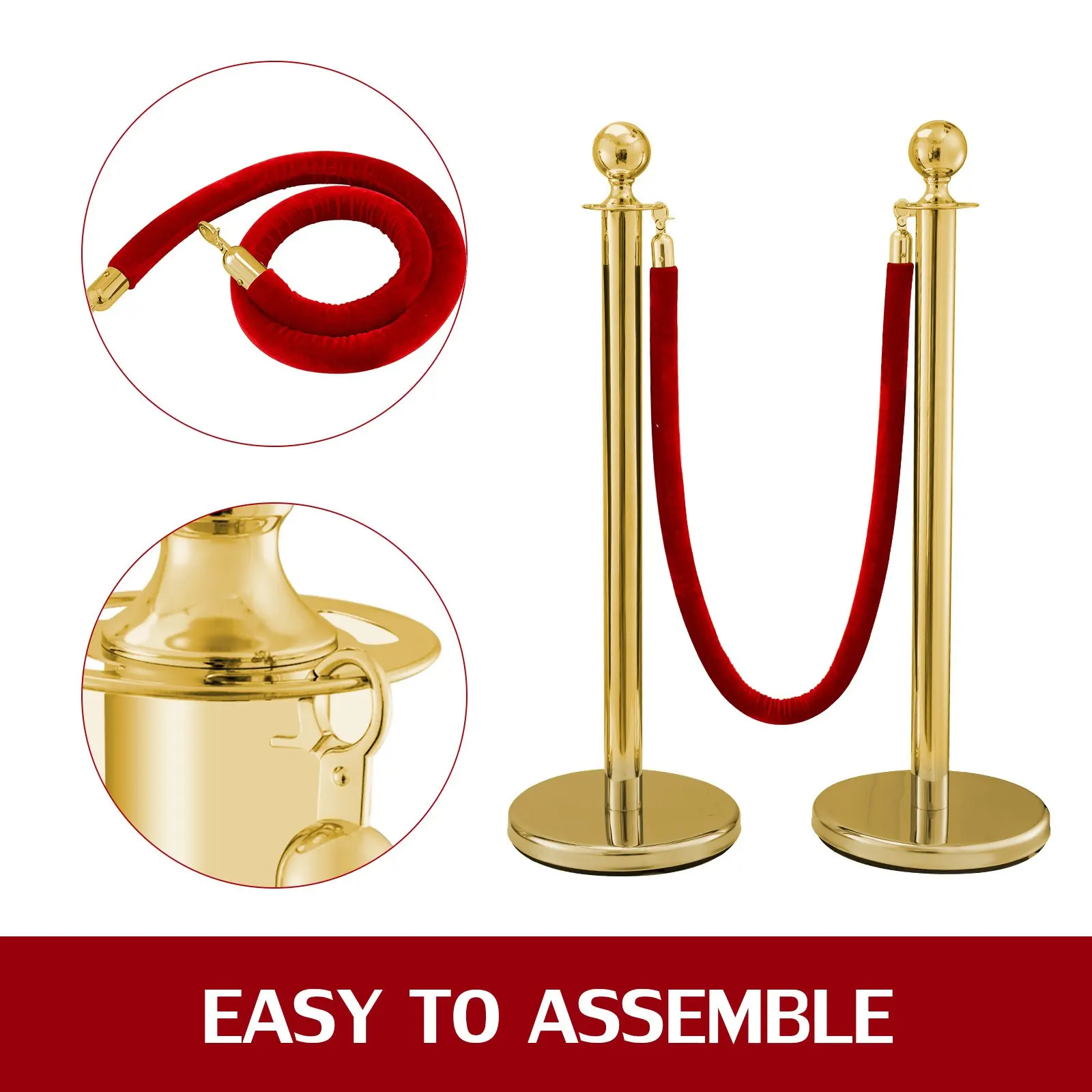 VEVOR 38Inch Gold Stanchion Posts Queue Red Velvet Rope Crowd Control Line Barriers with Stable Base for Party Supplies