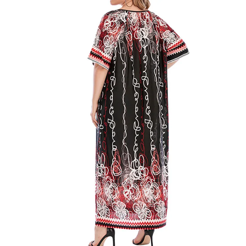 Ethnic Style Plus Size Women's Clothing Round Neck Indie Folk Printing Half Sleeve Summer Clothes Ice Silk Loose Long Dresses