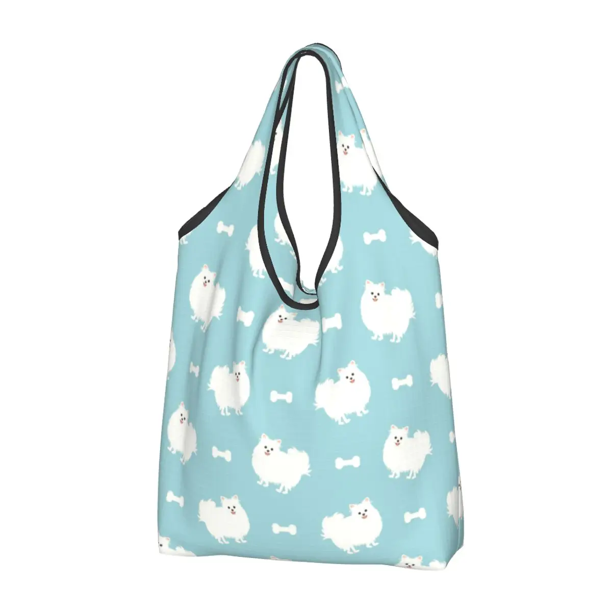 

Cute Cute White Pomeranian Dog Shopping Tote Bag Portable Spitz Puppy Pom Grocery Shoulder Shopper Bag