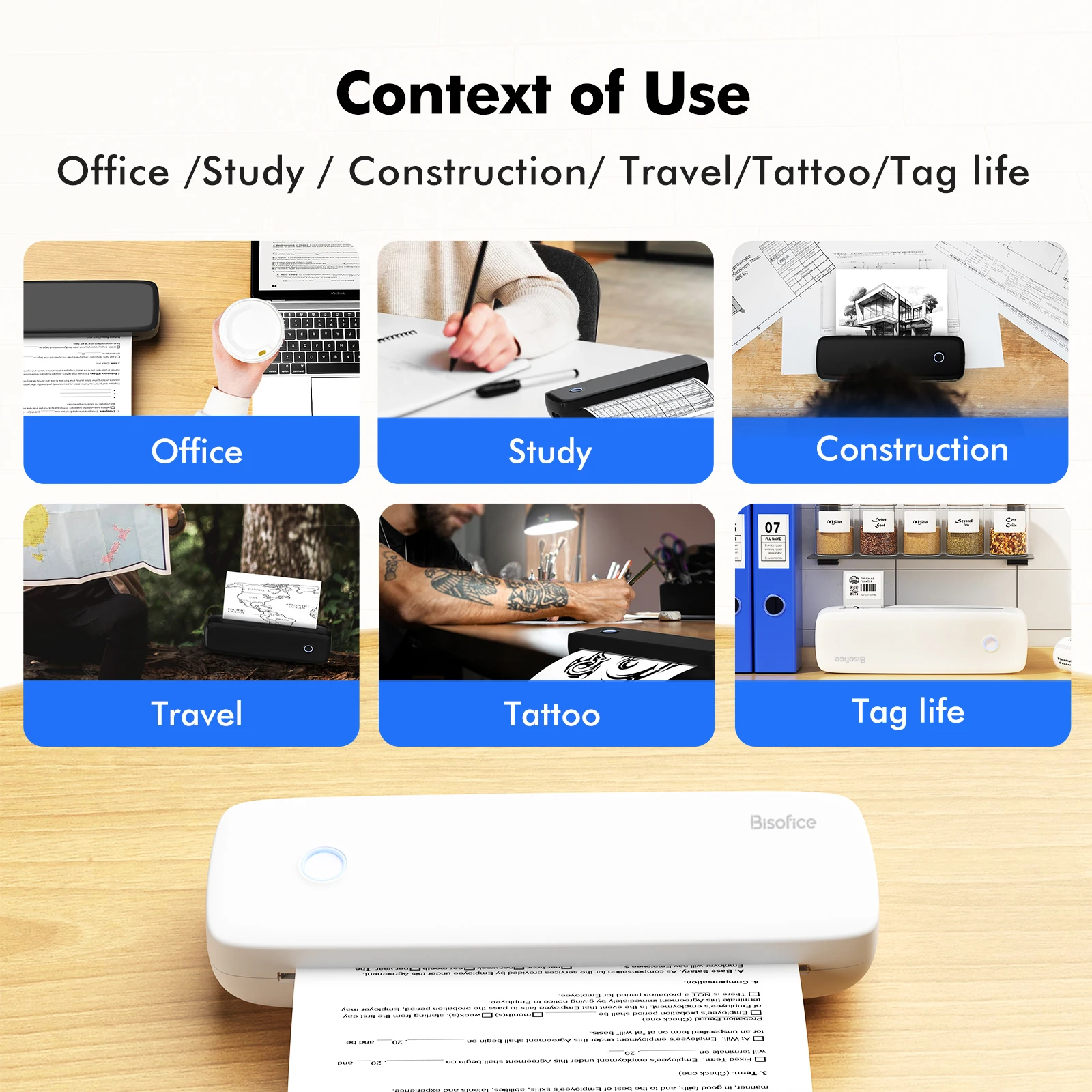 Bisofice 휴대용 A4 열전사 프린터, 무선 USB 종이 프린터, 무잉크 인쇄, PDF 파일, 웹페이지 계약 문서