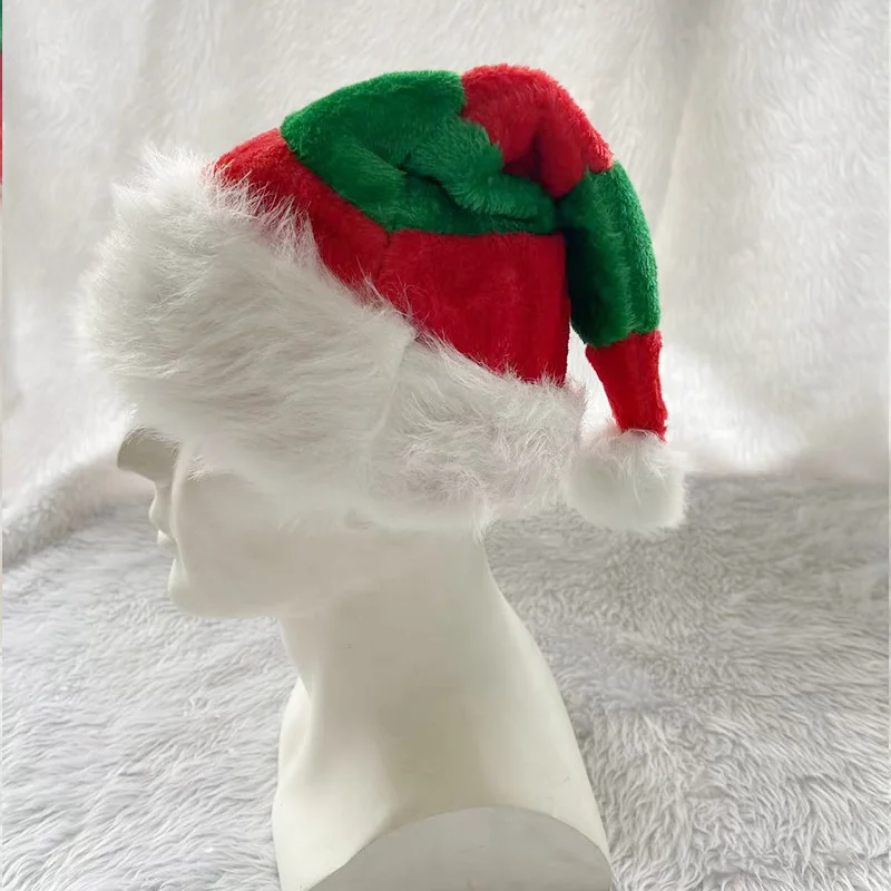 Christmas Red Green and White Elf Hat Plush Striped Splicing Christmas Hat High-end Decorative Gifts Hats