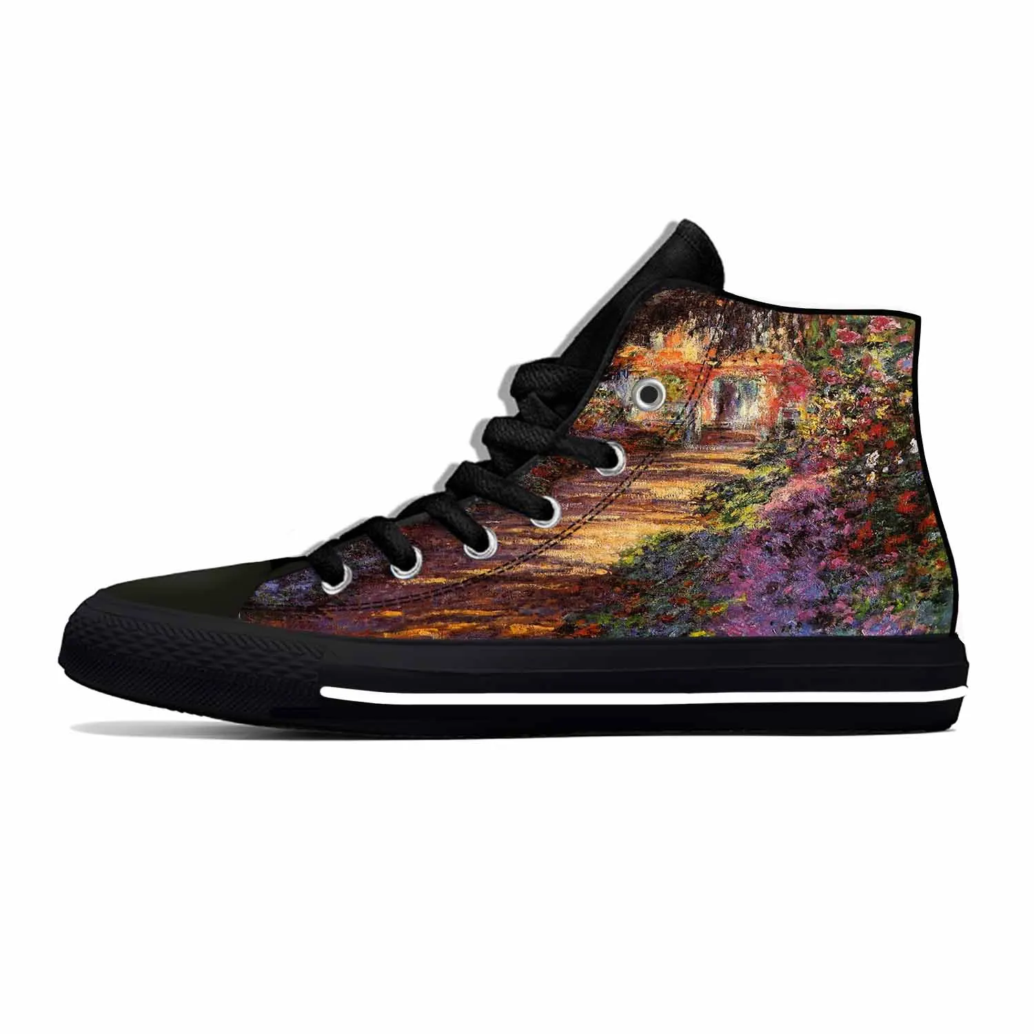 Hot Claude Monet Water Lily Pond Oil Painting Fashion Casual Cloth Shoes High Top Board Shoes Lightweight Men Women Sneakers