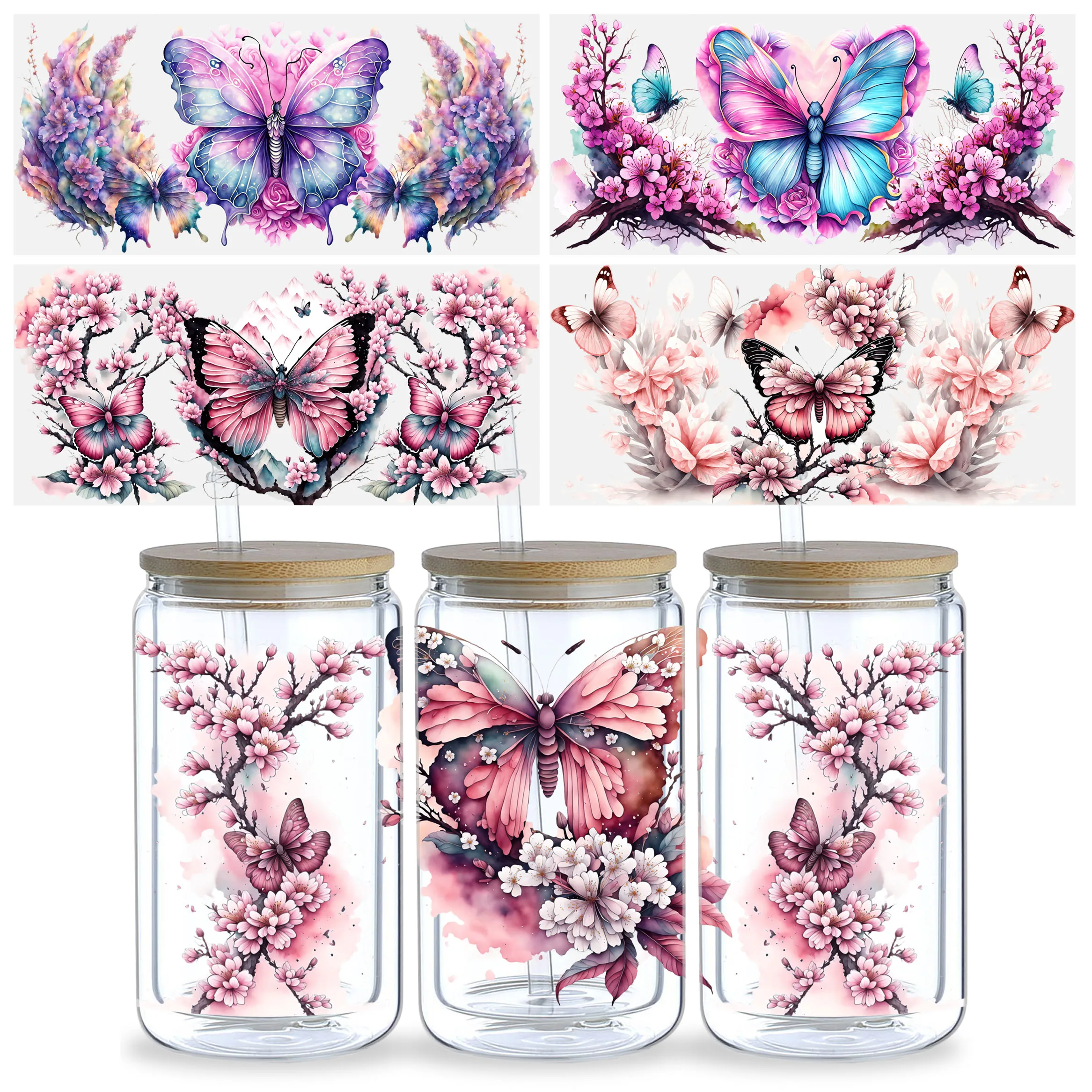 Butterfly UV DTF Cup Stickers 5 Sheets Glass Movement DTF Transfer Stickers Waterproof Beautiful Butterfly Wipe Transfers