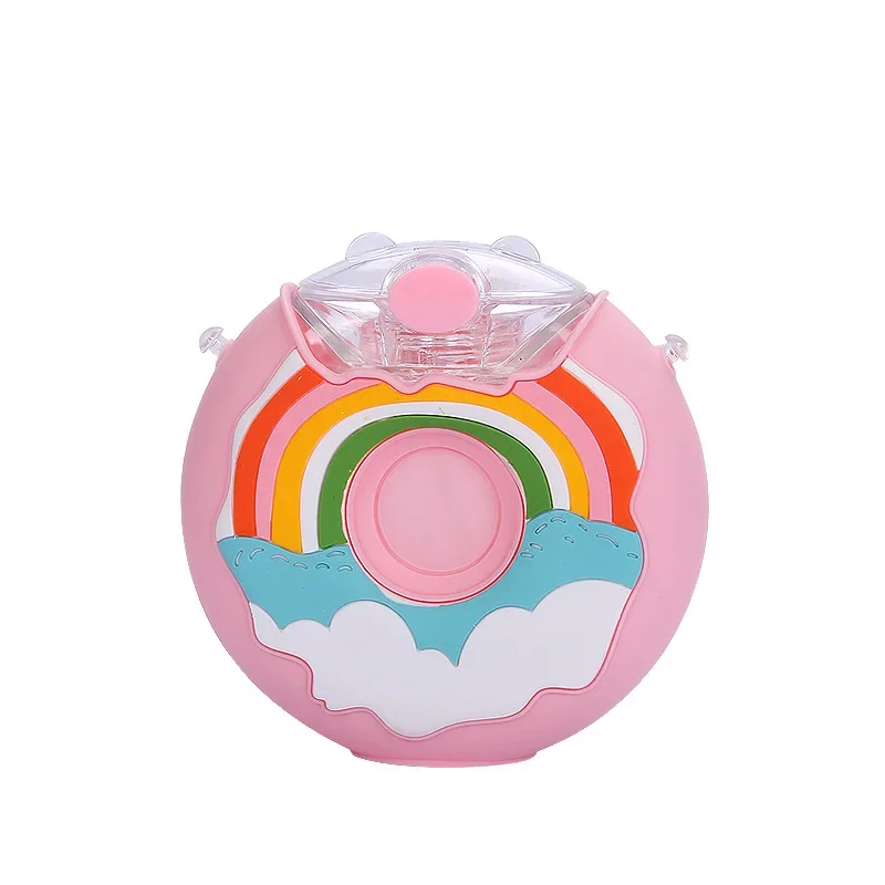 380ml Donut Water Bottle with Straw BPA Free Leak Proof Sports Cups Toddler Drink Bottle with Shoulder Straps Baby Straw