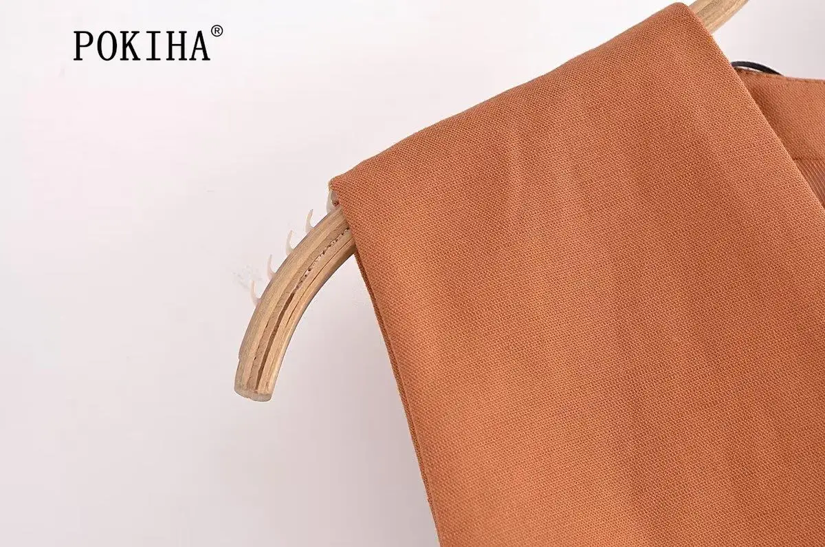 Pokiha Fashion Women Vintage Linen Front Buttons Cropped Waistcoat And Elegant Mid Waisted Midi Dress Female Chic Two_voghion.com