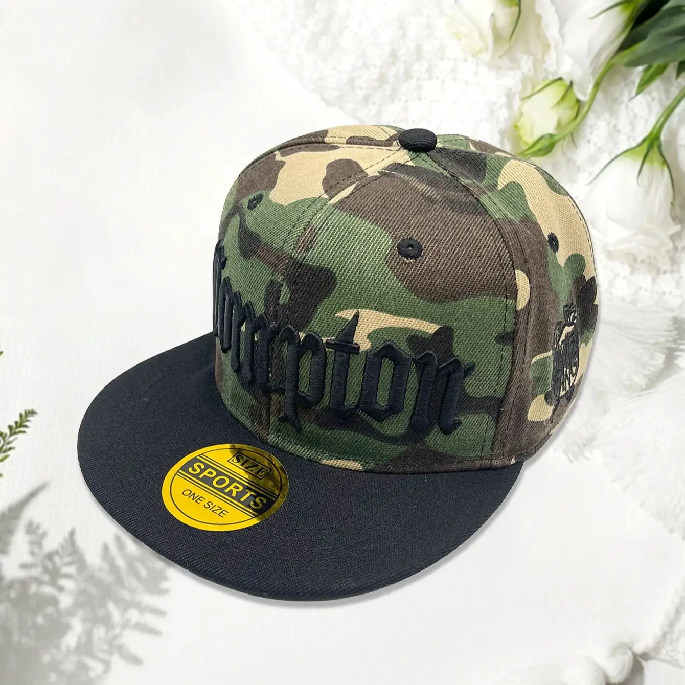 Casquette baseball pêche camouflage Compton brodée - Brim plat personnalisable hip-hop