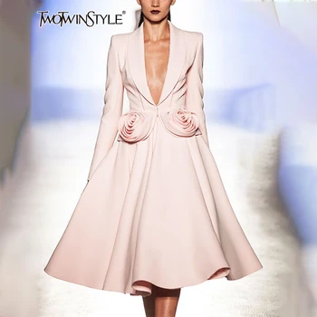 Twotwinstyle مجموعة أنيقة من قطعتين للنساء طويلة الأكمام أعلى مع طوق شال وتنورة عالية الخصر 1