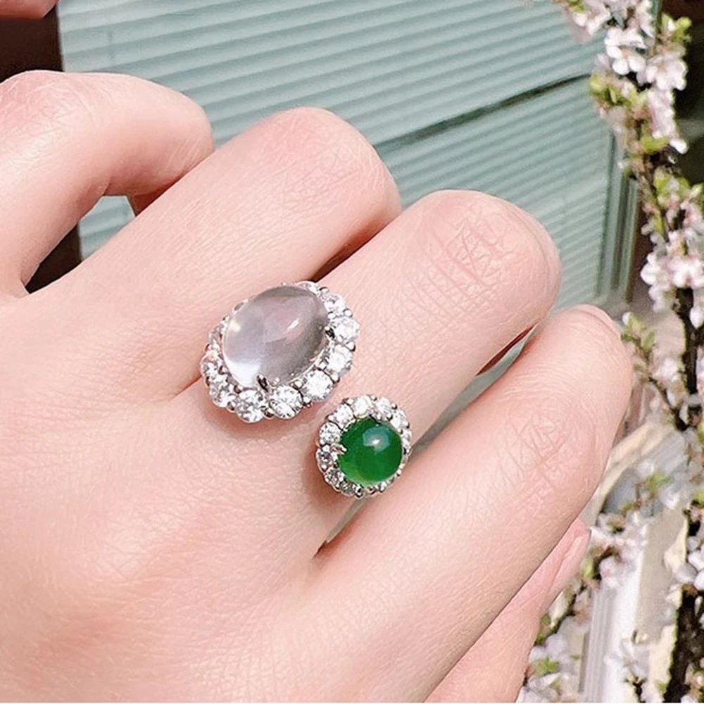 Vinregem 8*10MM Oval Natural Jade High Carbon Diamond Gemstone Vintage Open Ring for Women 100% 925 Sterling Silver Fine Jewelry