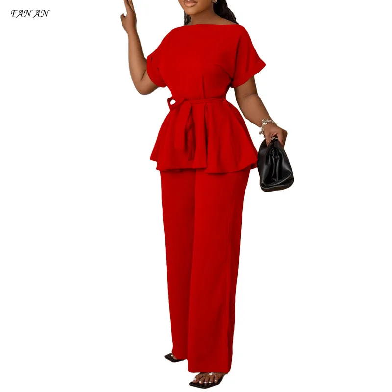 Summer and Autumn Leisure New Solid Color Lace-up Waist Long Sleeve Top High Waist Wide Leg Pants Fashion Commuter Ladies Suit