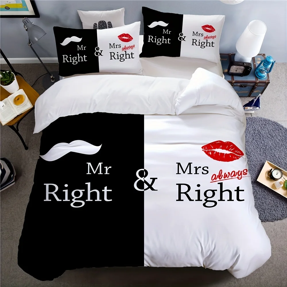 

3pcs Couple Duvet Cover Set Black White King Queen Twin Full Size Bedding Set for Bedroom Guest Room - Perfect for Mr.Mrs. Right