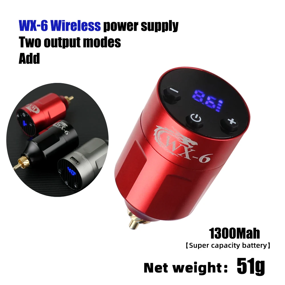 WX-6 Fonte de alimentação tatuagem sem fio, interface RCA e DC, bateria portátil para máquina rotativa, caneta suprimentos, 1300mAh, nova versão