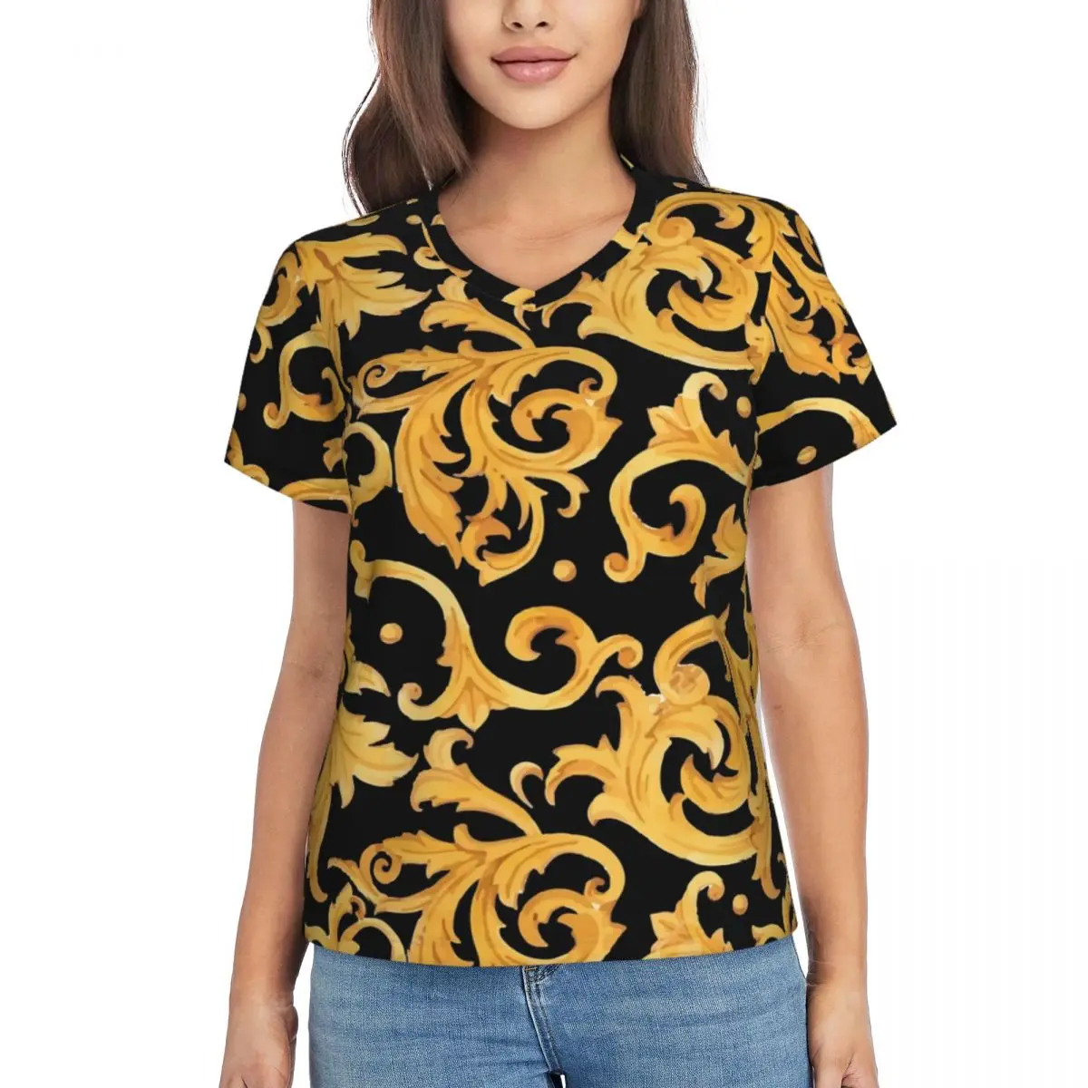 

Baroque Print T Shirts Gold Floral V Neck Simple Oversize T Shirt Short Sleeve Women Y2K Cute Tshirt Beach Custom Top Tees
