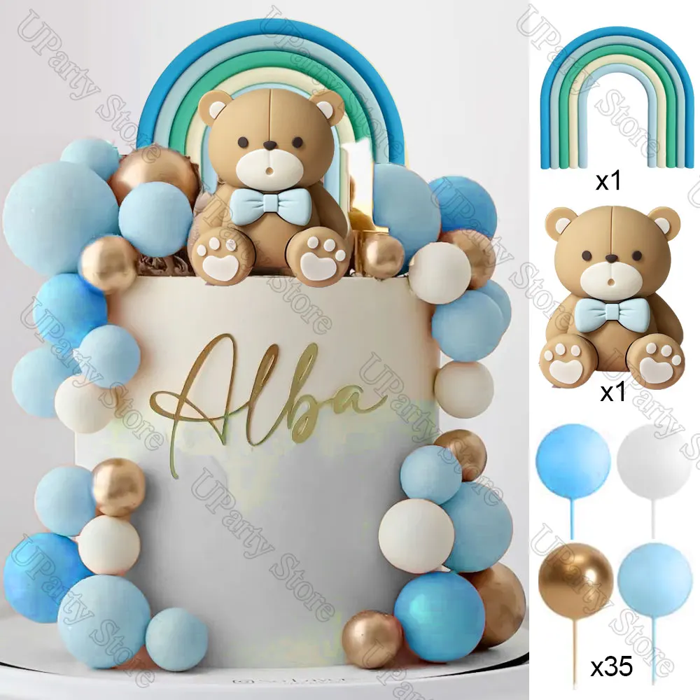 Pink Bear & Rainbow Cake Toppers Set - Baby Shower & Birthday Decorations