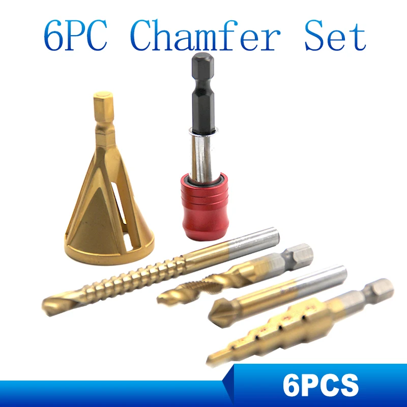 

6pc Deburring External Chamfer Remove Burr Screw Drill Tip Titanium Coated Wood Metal Hole Cutter Hss Drill Bits Set Bit Holder