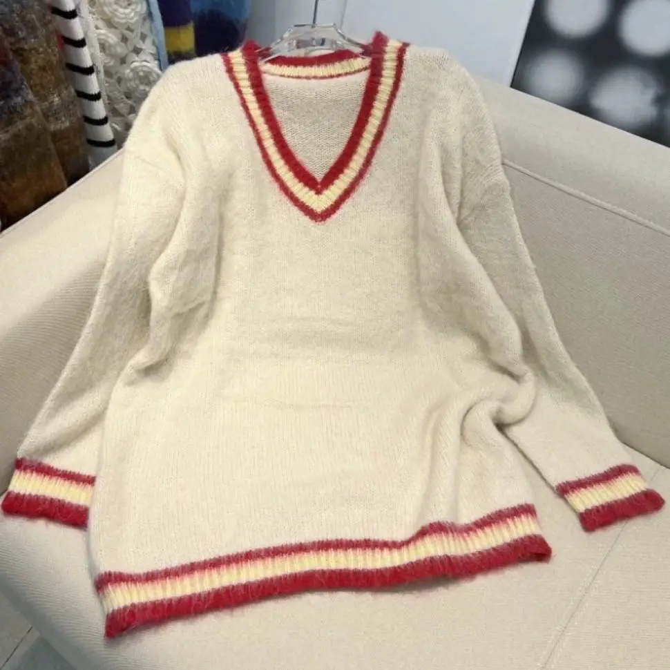 

2023 Mohair Long Sleeve Knitting Soft Waxy Sweater Women's Autumn Winter New Design Rainbow Contrast Color V-neck Soft Pullover