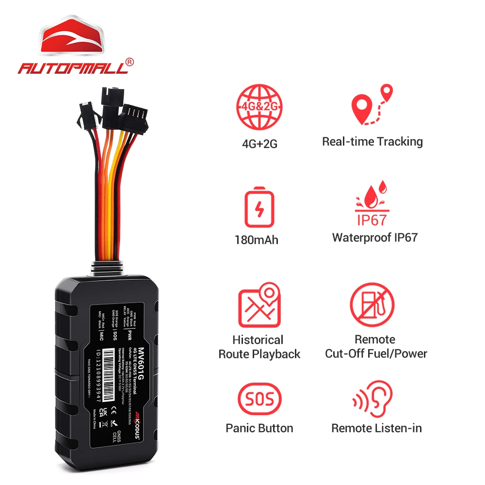 

New 4G MV601G GNSS Vehicle Locator SOS Voice Monitor Cut off Oil Multi-Alarms Waterproof IP67 GPS Tracker Web&APP Tracking
