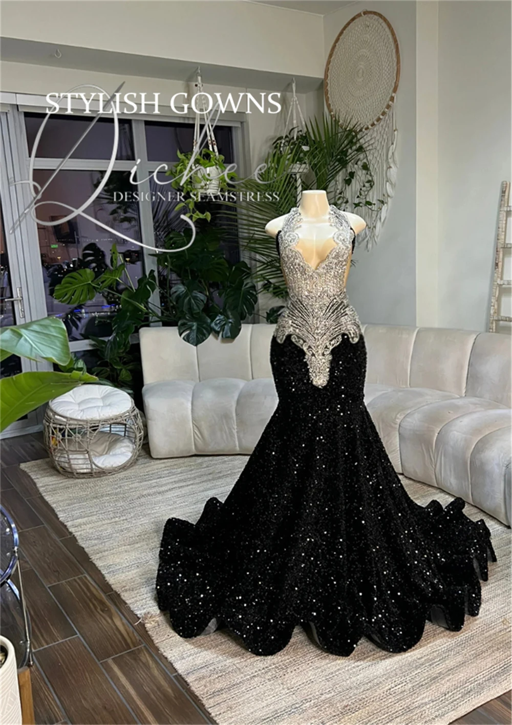 

Halter Long Prom Dress For Black Girls 2024 Beaded Crystal Rhinestone Birthday Party Dresses Sequined Evening Gowns Robe De Bal