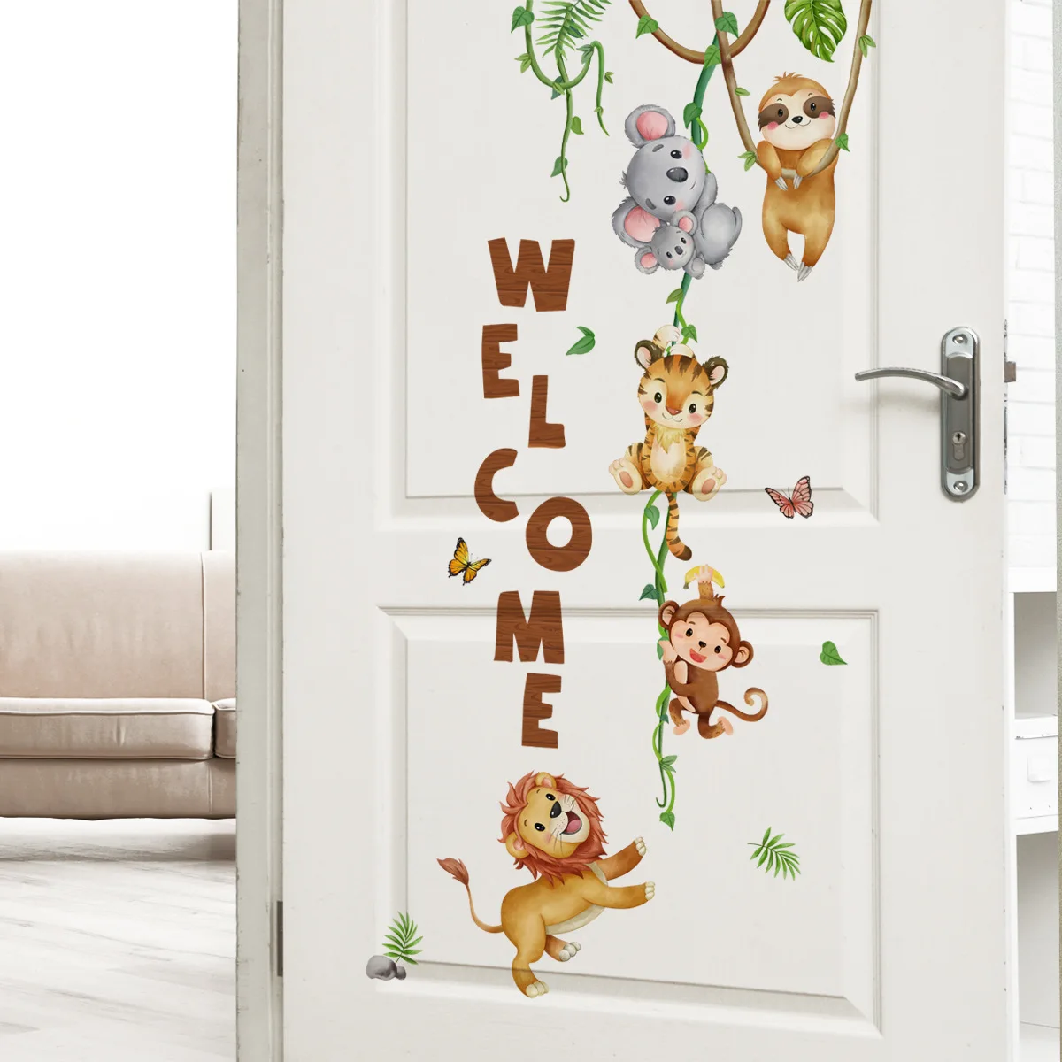Jungle Animal Wall Stickers For Kids Room Door Stickers Monkey Koala Lion Play On Rattan Welcome Wall Decalcomanie Baby Room Decor