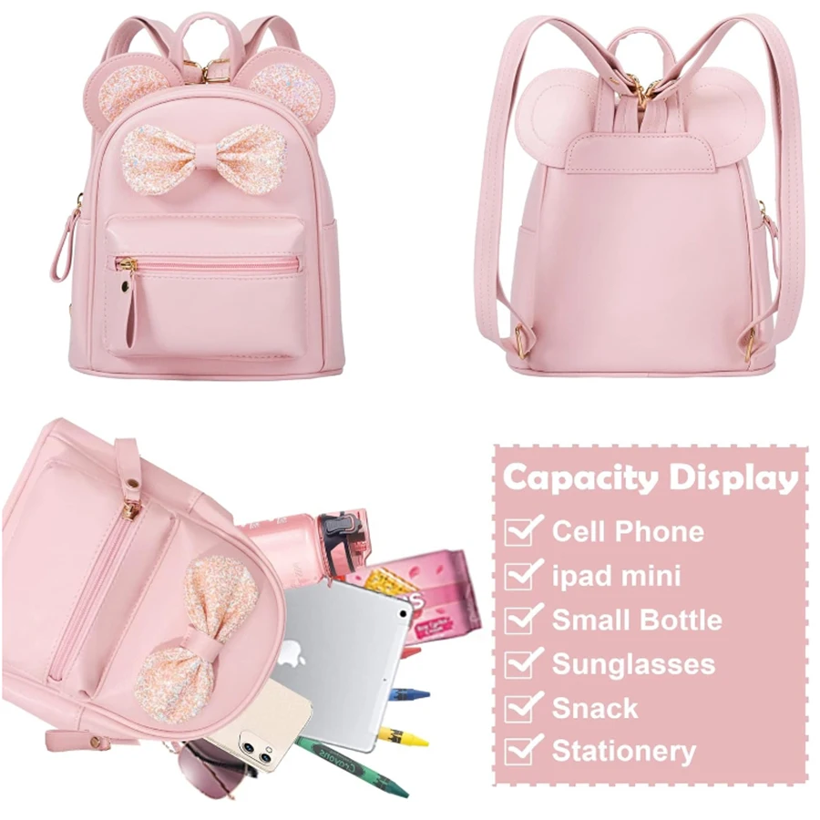 Fashionable and cute mini backpack for children with sequins, bow, mouse ear bag, small travel shoulder backpack suitable for gi 4