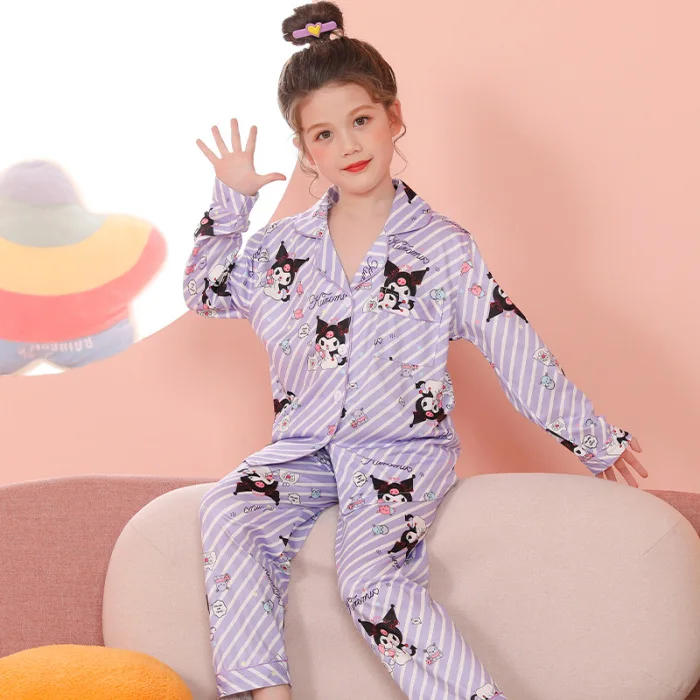 Kawaii Sanrio Pajama Sets Girls Lapel Soft Breathable Print Sleep Costume Gal Causal Comfortable Housewear Autumn Winter 5