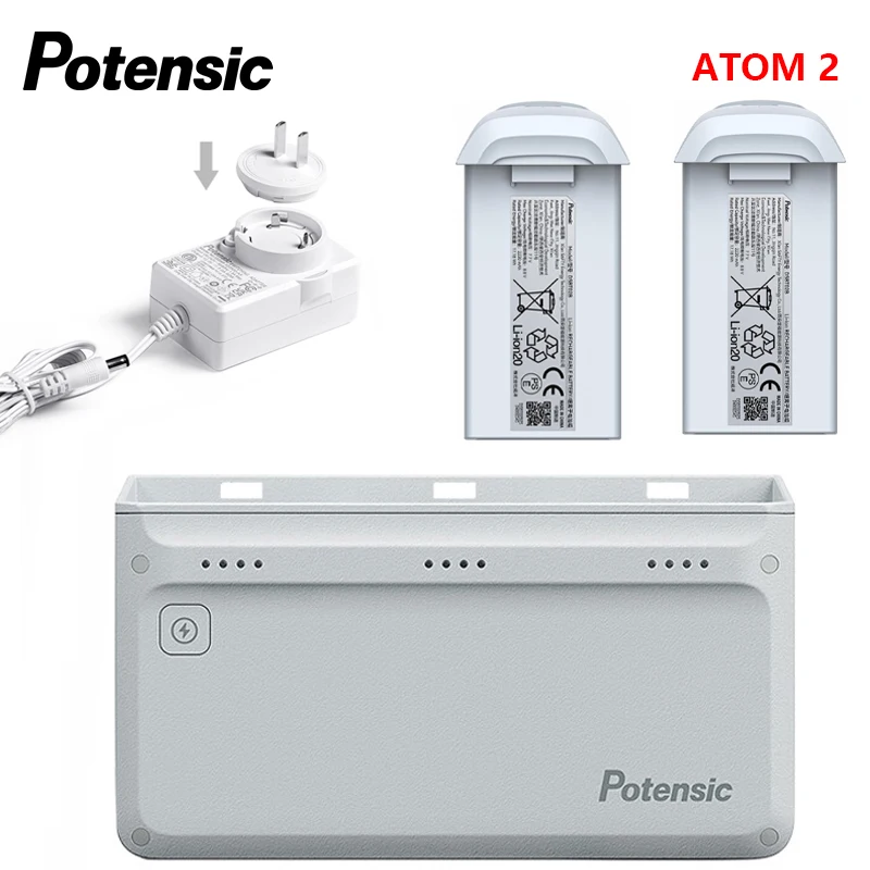 Chargeur Drone ATOM 2 en action, connecté à un drone, avec câble USB-C et indicateur de charge vert.