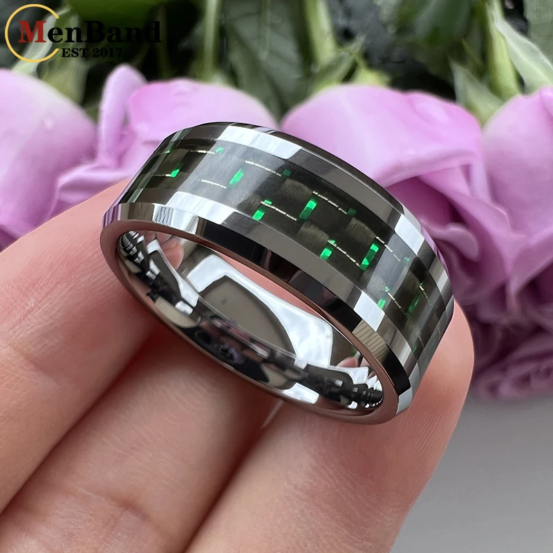 MenBand Fashion 8mm Tungsten Carbide Rings for Men Women Wedding Band Green/Blue Carbon Fiber Inlay Beveled Polishing Comfort