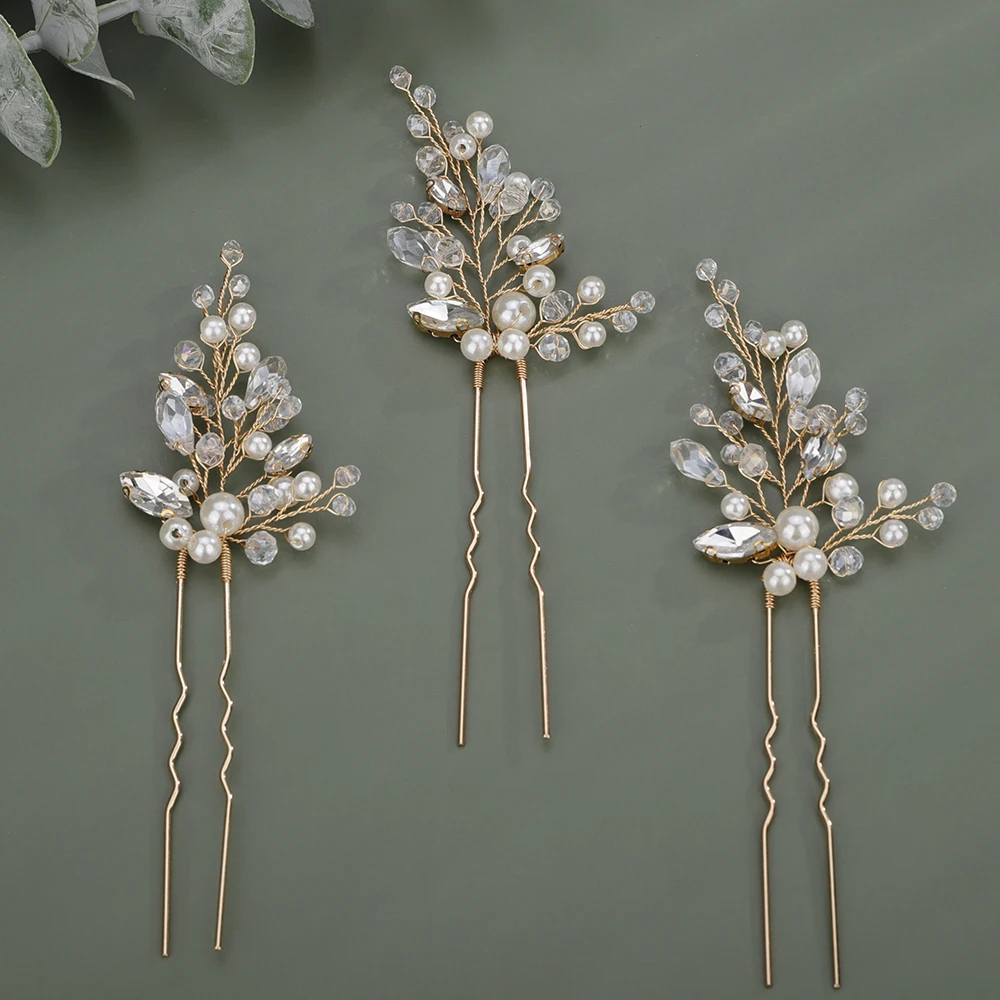 Pearl Rhinestone Bridal Headpiece Handmade Silver Gold Wedding Hair Pins Party Hair Accessories for Women and Girls Tiaras 3 Pcs