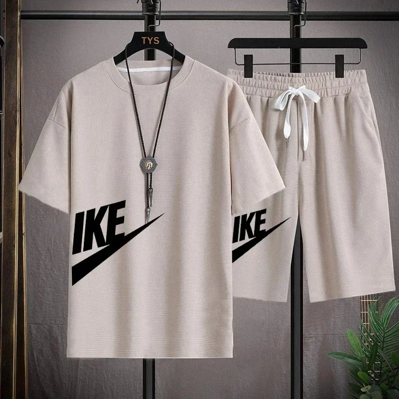 2024 New Summer Round Neck Short Sleeve Men Casual Sports Set Loose T-shirt Shorts Waffle Style Clothing Personality Streetwear