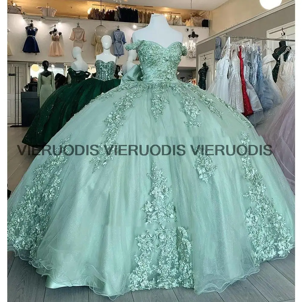 Sage Green Off The Shoulder Quinceanera Dresses Ball Gown Floral Appliques Lace Bow Back Corset For Sweet 15 Girls Party