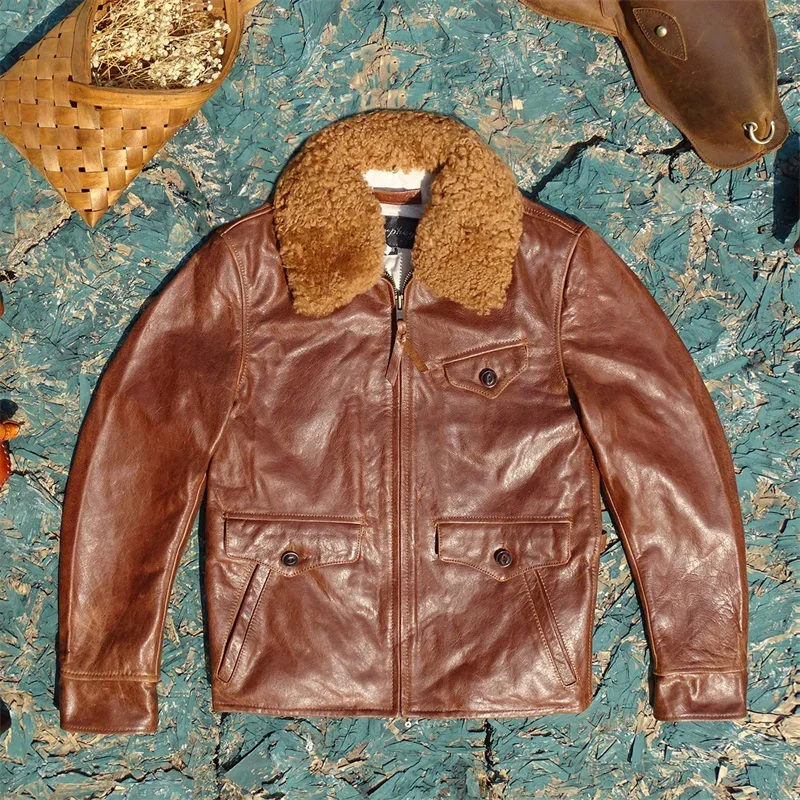 

War-damaged Style Leather Material Imported Soft Waxy Oil Wax Cowhide Men's Plus Cotton Newsboy Detachable Fur Collar