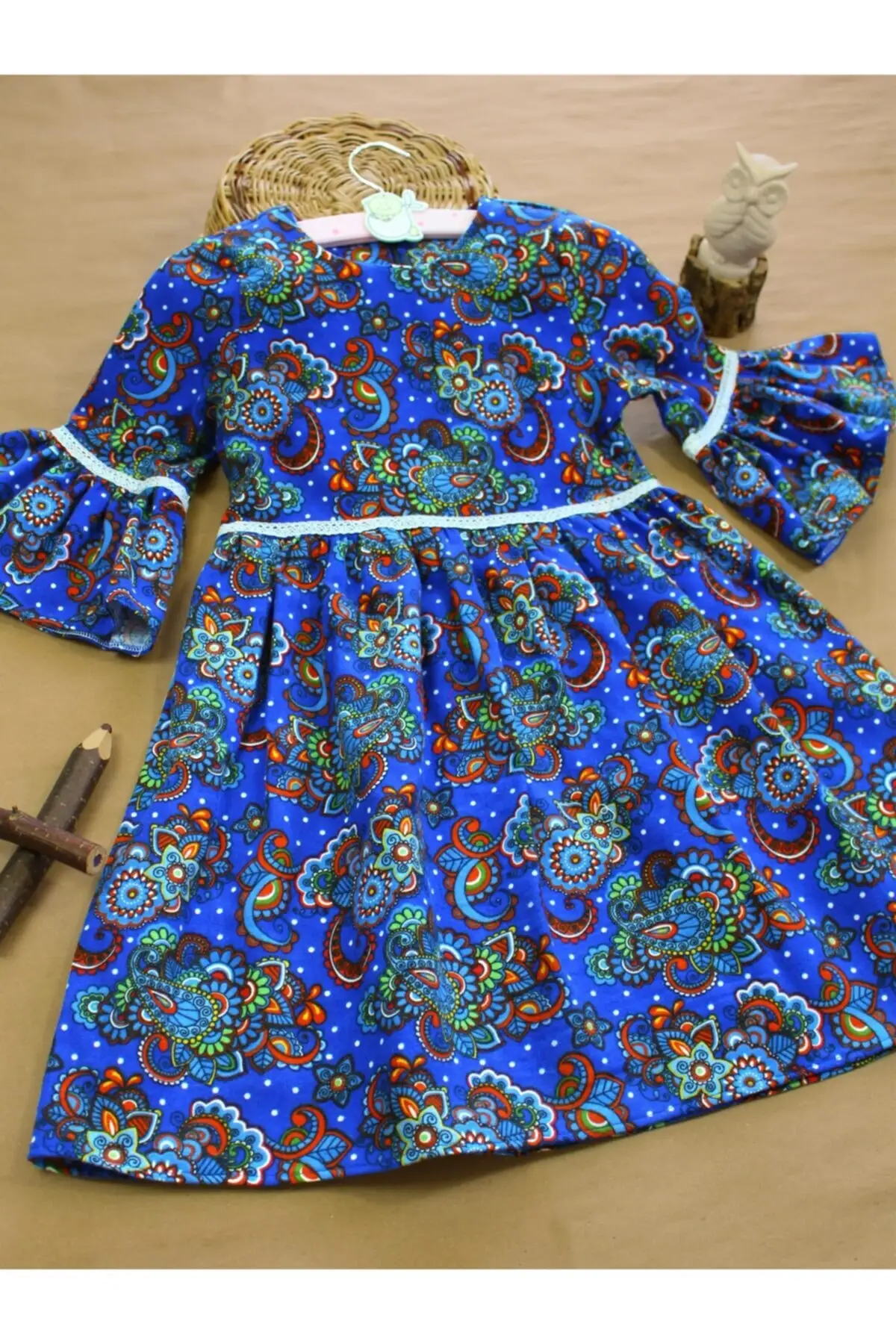 

Flower Patterned Girl's Flannel Dress Long Cotton Sleeve Midi Blue Thick Clothing