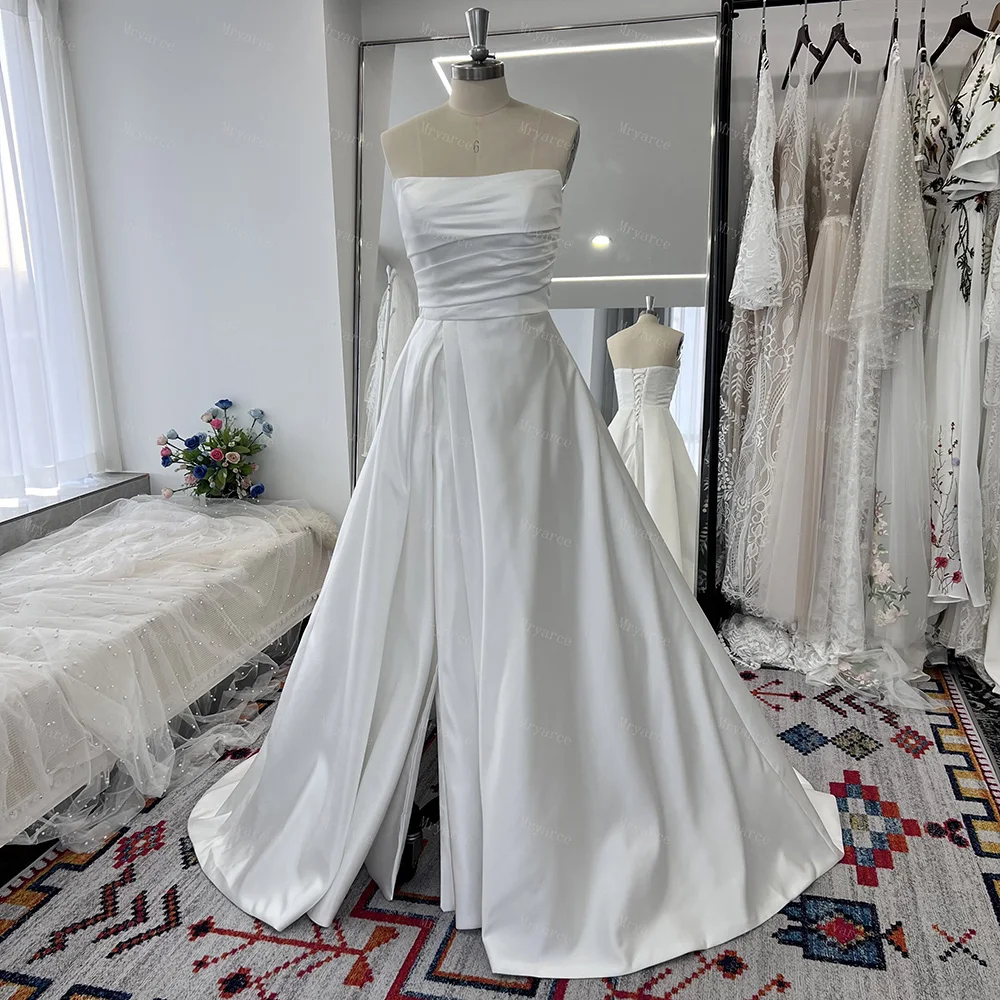 Mryarce 2024 Simple Classic Wedding Dresses With Slit Strapless Luxury Satin A Line Bridal Gowns With Pockets 4
