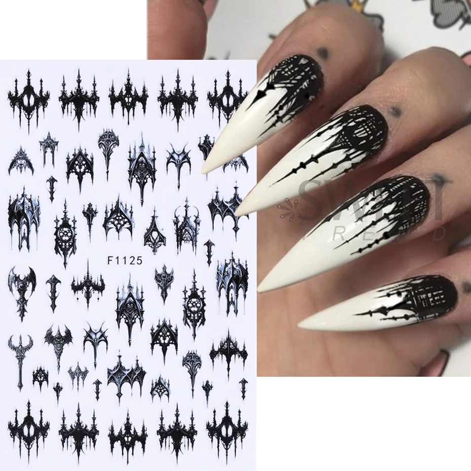 5pcs Gothic Black Nail Stickers Elegant Wedding Laced Designs Halloween Castle Skull Wings Adhesive Foils Sliders Manicure Decor
