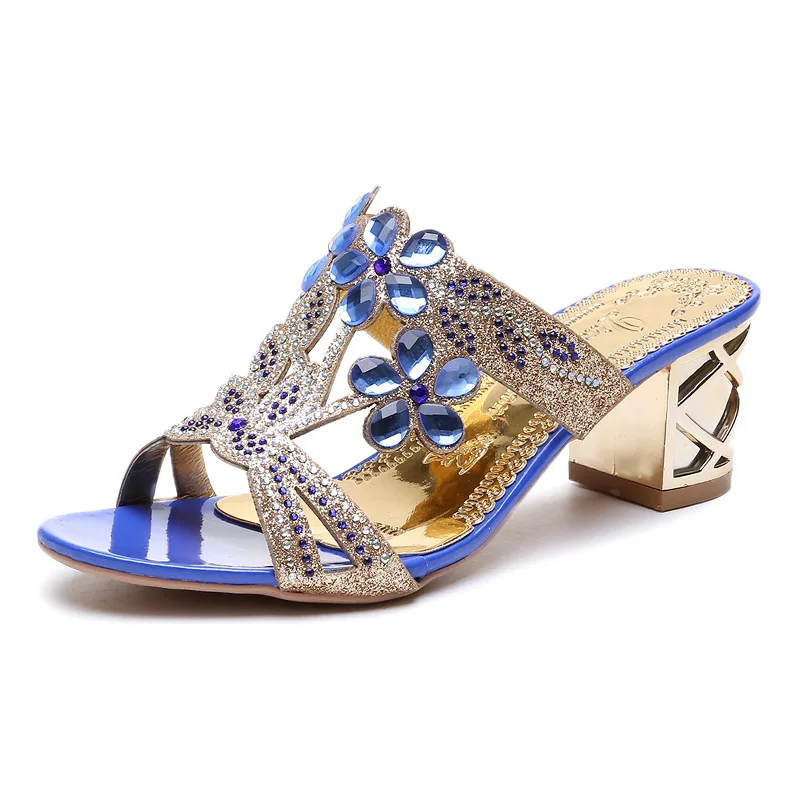 Women Sandals Glitter Mesh Peep Toe Thick Heel for Summer Beach