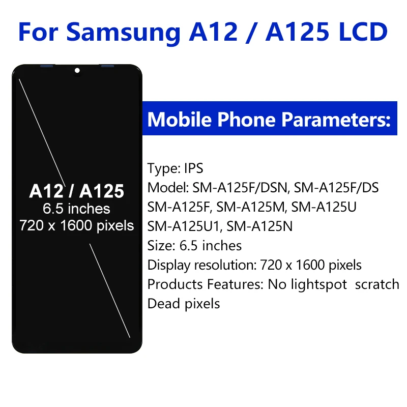 삼성 SM-A125F A125F/DS 디스플레이 용 프레임 터치 스크린 디지타이저 LCD가있는 삼성 A12 A125 LCD 용 6.5 LCD