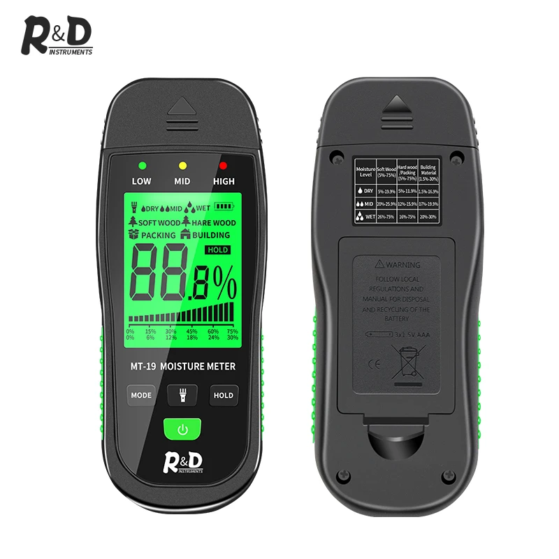 R&D MT-19 Wood Moisture Meter Digital Humidity Meters Wall Hygrometer Timber Damp Detector Building Humidity Tester Carton wood moisture meter