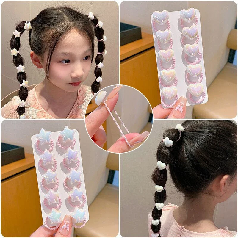 10 Piece Cute Hair Ties Set for Kids Star Heart Princess Girl Flexible Rubber Bands Ponytail Head Covers Hair Accessories