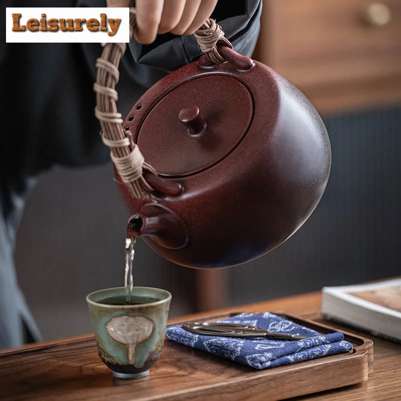 600ML Handmade Kiln Change Red Ceramic Teapot Rattan Weaving Lifting Handle Pot Boling Water Kettle Fot Tea Stove Kung Fu Teaset