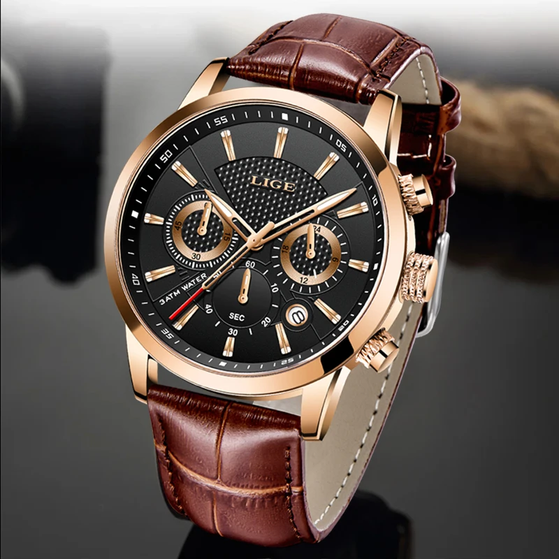 LIGE Luxury Watch Men Leather Sport Watches Men's Army Military Quartz Wristwatch Chronograph Male Clock Relogio Masculino+BOX