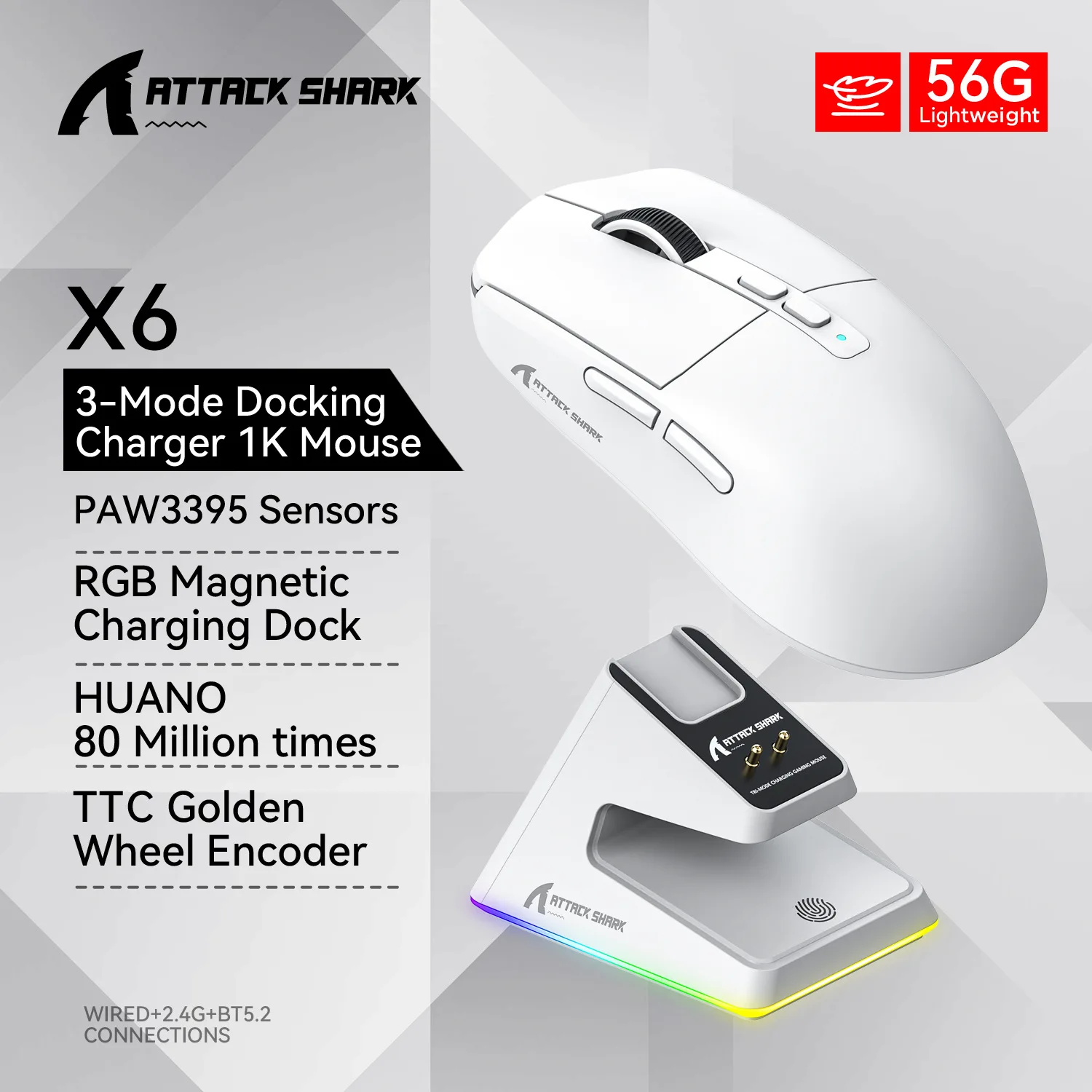Attack Shark X6 Wireless Gaming Mouse 2.4G Bluetooth Wired 3 Mode  Lighetweight Mouse 26K DPI PAW3395 RGB lighting Charger Stand