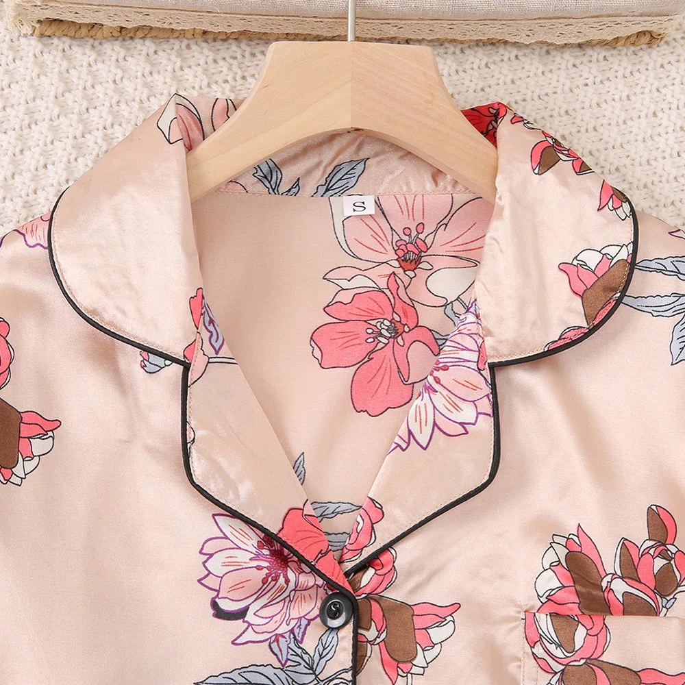 Women's Long Sleeved Long Pants Pajama Set with Simulated Silk Satin Surface Home Clothing, Satin and Floral Prints