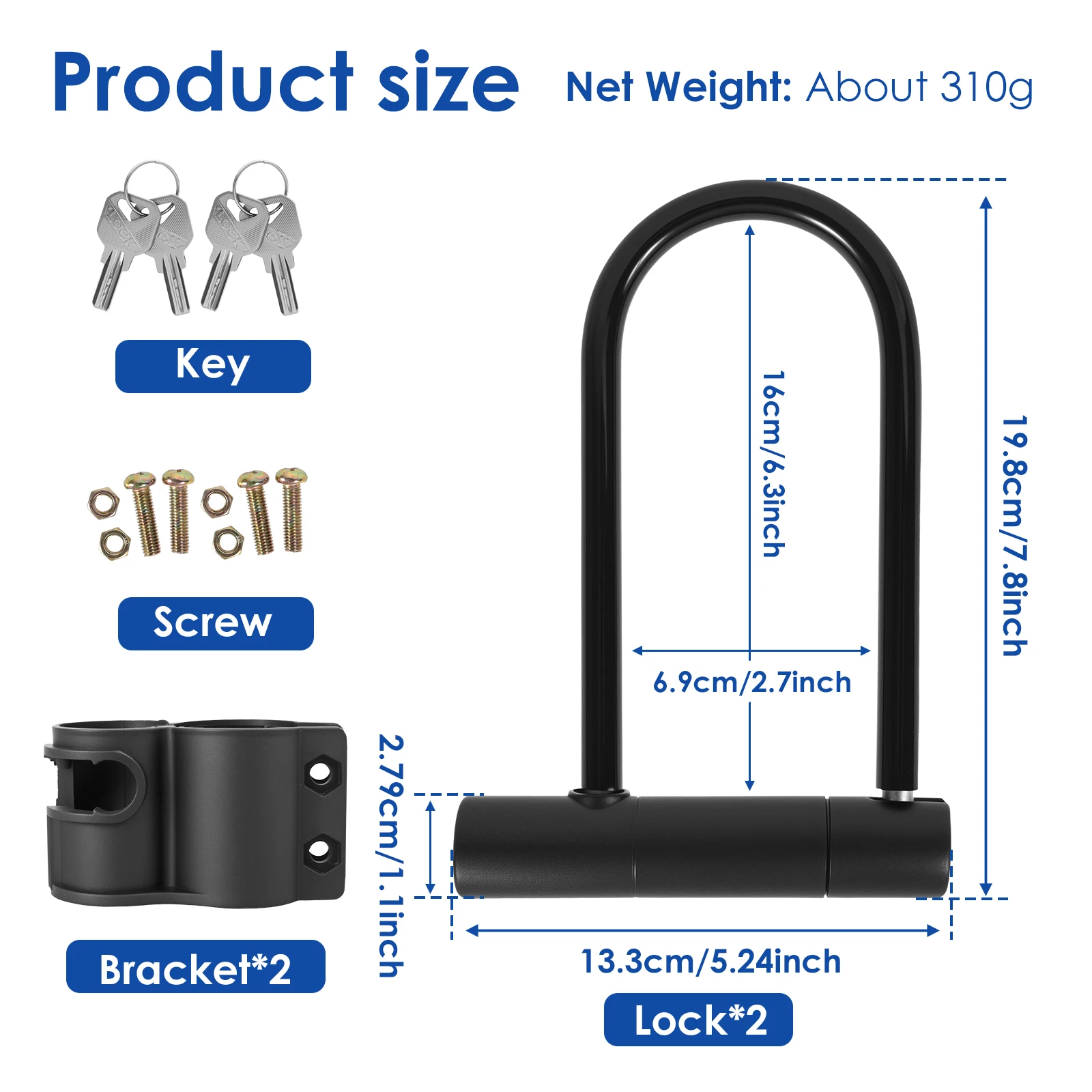 Bike U-Lock Heavy Duty Bicycle Locks Electric Scooter Padlock Anti-theft Bike Locks Set with Keys for Road Bicycles Accessories